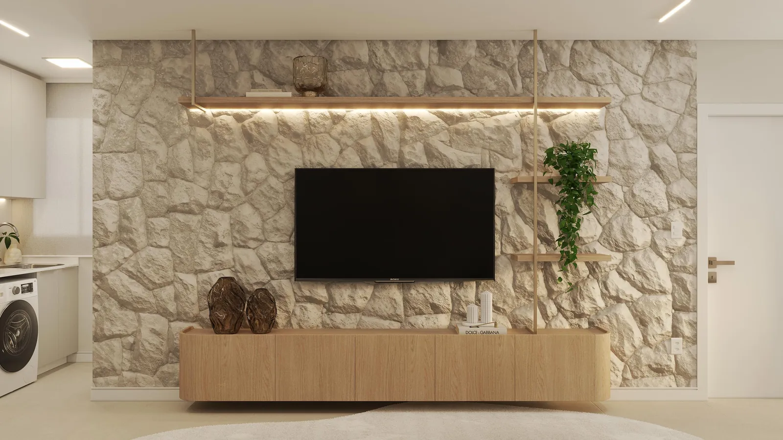 Stone feature wall and floating oak console